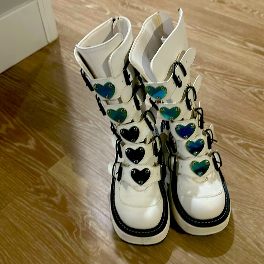 DEMONIA Emily 330 Rave Festival Mid-Calf Boots White Size 7